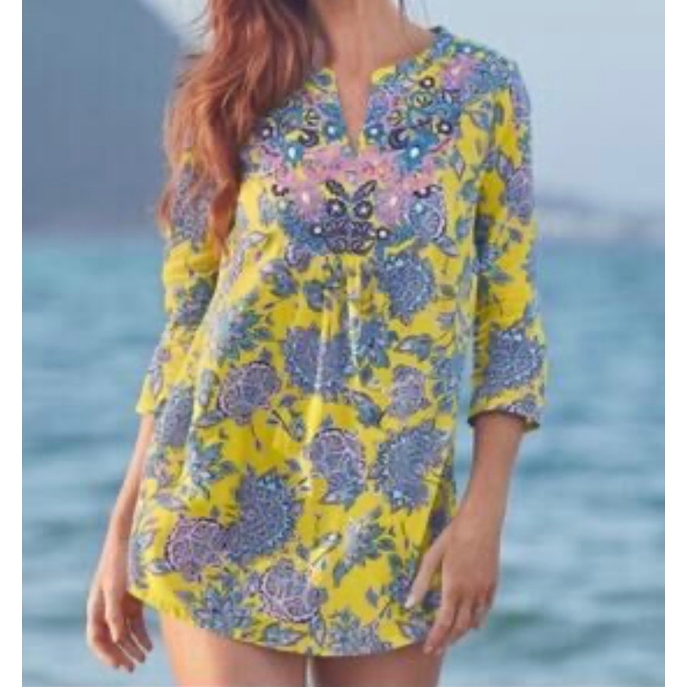 Sundance Yellow Floral Paisley Embroidered Beaded Tunic Top XS Boho 3/4 Sleeve